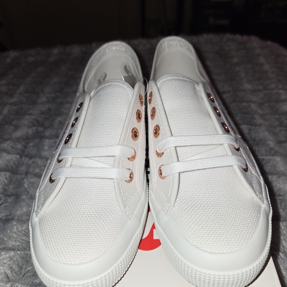Superga White Canvas Sneakers with Rose Gold Accents - Picture 2 of 3